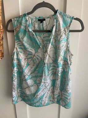 Talbots Teal and White Tropical Leaf Sleeveless Shell